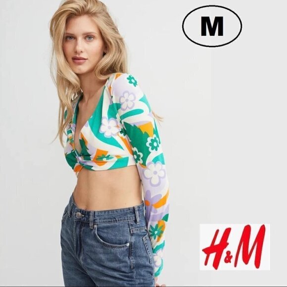 Nwt - H&m Knot-Detail Crop Top. Floral Print In Green/Orange Color. Size: M. - Picture 10 of 10